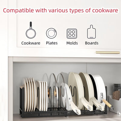 Pot Pan Organiser Rack For Cabinet, Pot Lid Organizer Pan Holder Rack with 3 DIY Methods, Cookware Rack for Kitchen Cupboard Pantry, Height and Position Adjustable, Stainless steel