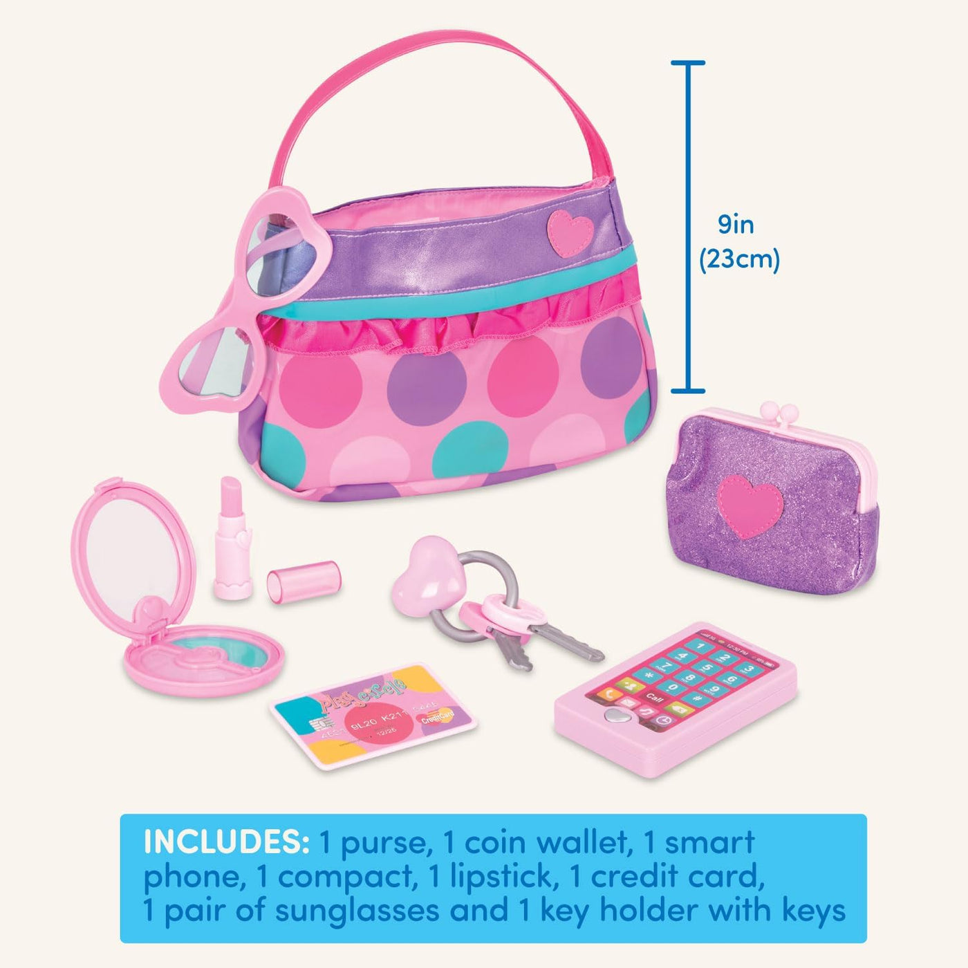 Princess Purse Style Set – Pretend Play Multicolor Handbag and Fashion Accessories – Toy Makeup, Keys, Lipstick, Credit Card, Phone, and More