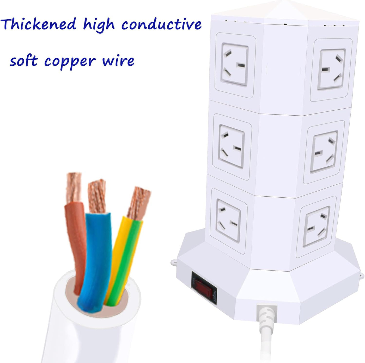 Powerjc Tower Power Strip USB Surge Protector Socket 12 AC Outlets with 5 USB or 1 USB C PD 25W totals 6A Ports Chargers 2M Long Extension Cord SAA Certified Black (White)