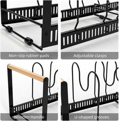 Pot Pan Organiser Rack For Cabinet, Pot Lid Organizer Pan Holder Rack with 3 DIY Methods, Cookware Rack for Kitchen Cupboard Pantry, Height and Position Adjustable, Stainless steel