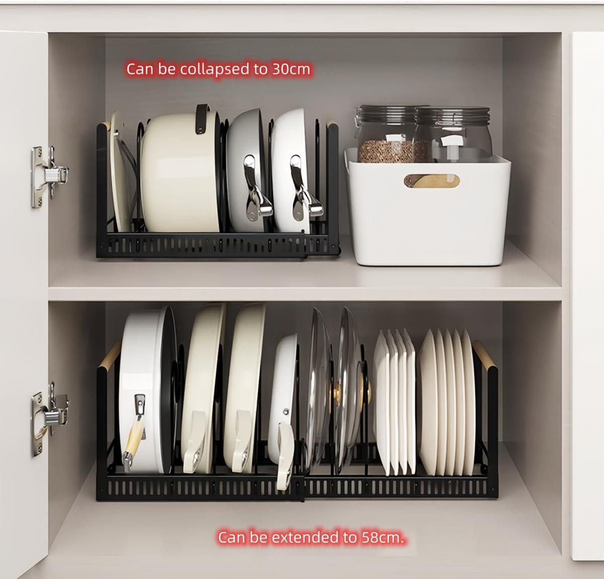 Pot Pan Organiser Rack For Cabinet, Pot Lid Organizer Pan Holder Rack with 3 DIY Methods, Cookware Rack for Kitchen Cupboard Pantry, Height and Position Adjustable, Stainless steel