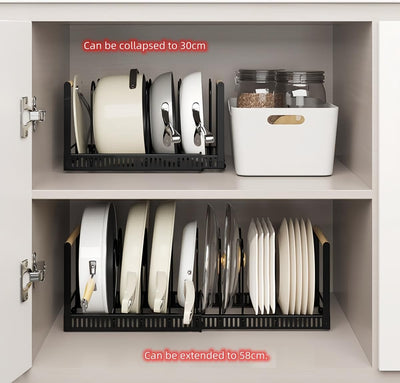 Pot Pan Organiser Rack For Cabinet, Pot Lid Organizer Pan Holder Rack with 3 DIY Methods, Cookware Rack for Kitchen Cupboard Pantry, Height and Position Adjustable, Stainless steel