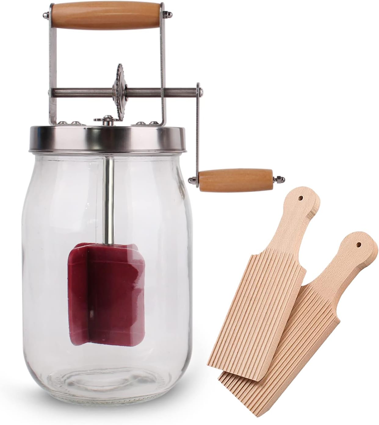Homemade Butter Churner Jar with Paddle 1.5L - Make Delicious Fresh Butter in Minutes -Perfect for Home Cooking and Baking - Food Grade Glass Jar with Wooden Handles-Easy to Use