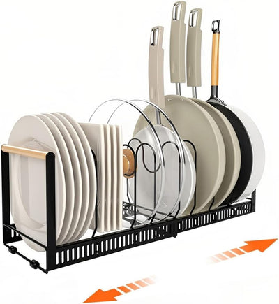 Pot Pan Organiser Rack For Cabinet, Pot Lid Organizer Pan Holder Rack with 3 DIY Methods, Cookware Rack for Kitchen Cupboard Pantry, Height and Position Adjustable, Stainless steel