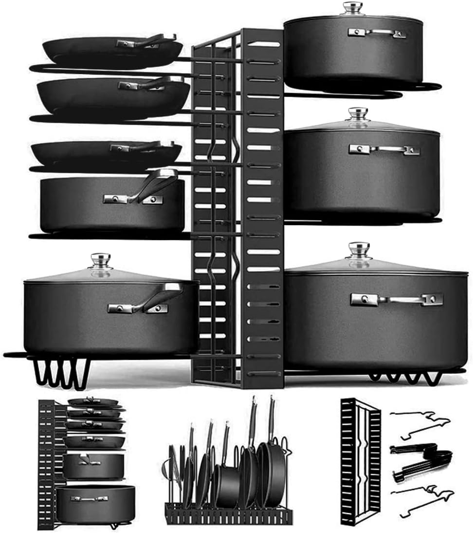 Pot Pan Organiser Rack For Cabinet, Pot Lid Organizer Pan Holder Rack with 3 DIY Methods, Cookware Rack for Kitchen Cupboard Pantry, Height and Position Adjustable, Stainless steel