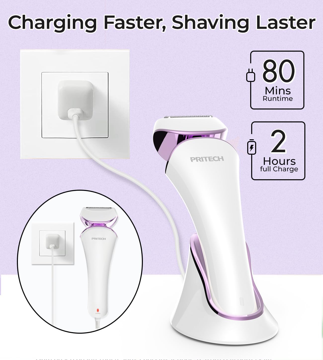 Electric Shaver for Women Lady Razor Bikini Trimmer Body Hair Removal for Legs and Armpits Painless Cordless Rechargeable Wet and Dry Purple and White
