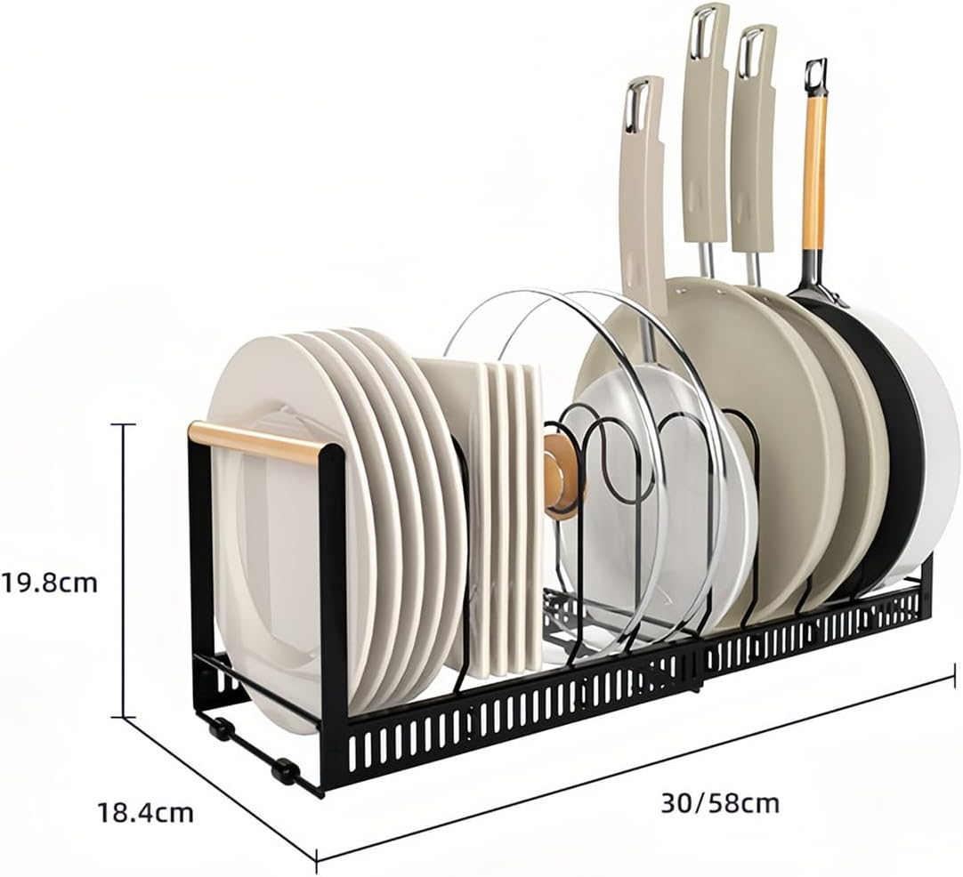Pot Pan Organiser Rack For Cabinet, Pot Lid Organizer Pan Holder Rack with 3 DIY Methods, Cookware Rack for Kitchen Cupboard Pantry, Height and Position Adjustable, Stainless steel