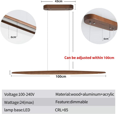 USOR Wood Linear Pendant Light LED Dimmable Chandelier Long Strip Ceiling Hanging Lamp Height Adjustable Dining Room Light for Kitchen Island Walnut Color