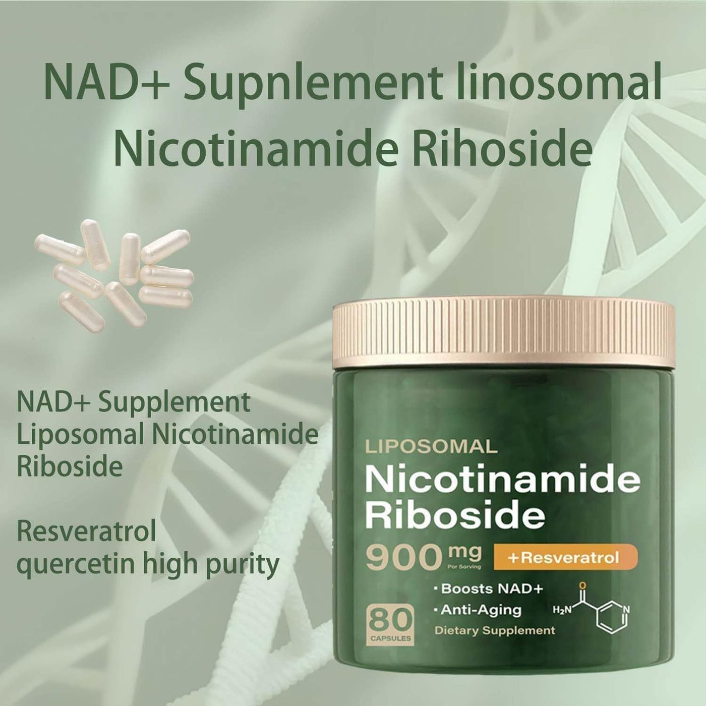 NAD + Supplement - Liposomal Nicotinamide Riboside Capsules 900mg with Resveratrol & Quercetin, Anti-Aging, Focus, Energy - 80 Capsules (1 Bottle)