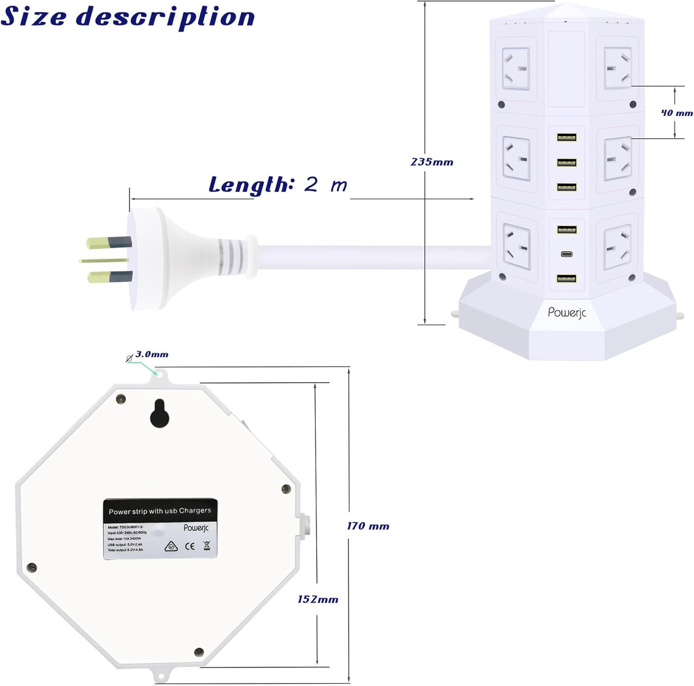 Powerjc Tower Power Strip USB Surge Protector Socket 12 AC Outlets with 5 USB or 1 USB C PD 25W totals 6A Ports Chargers 2M Long Extension Cord SAA Certified Black (White)