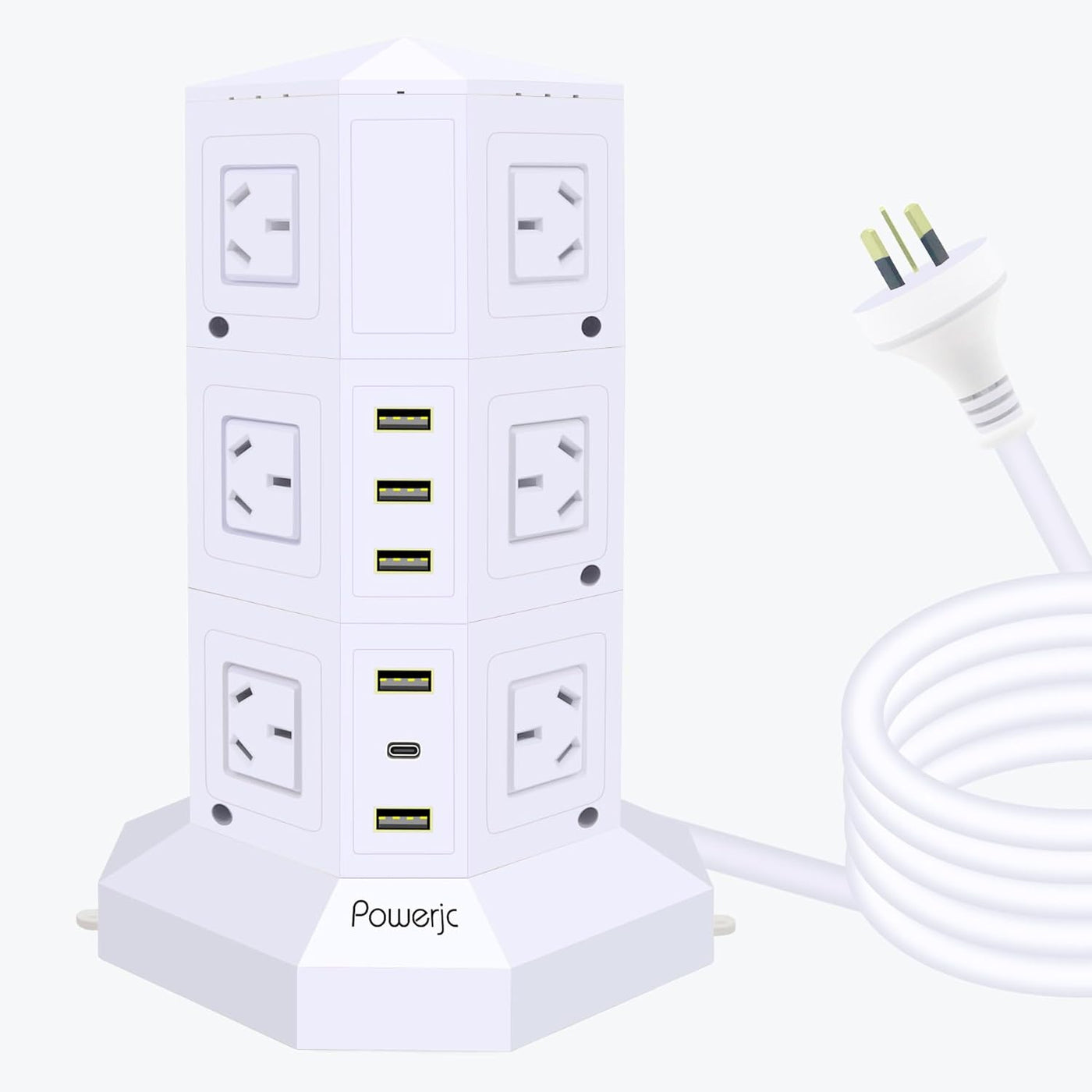 Powerjc Tower Power Strip USB Surge Protector Socket 12 AC Outlets with 5 USB or 1 USB C PD 25W totals 6A Ports Chargers 2M Long Extension Cord SAA Certified Black (White)