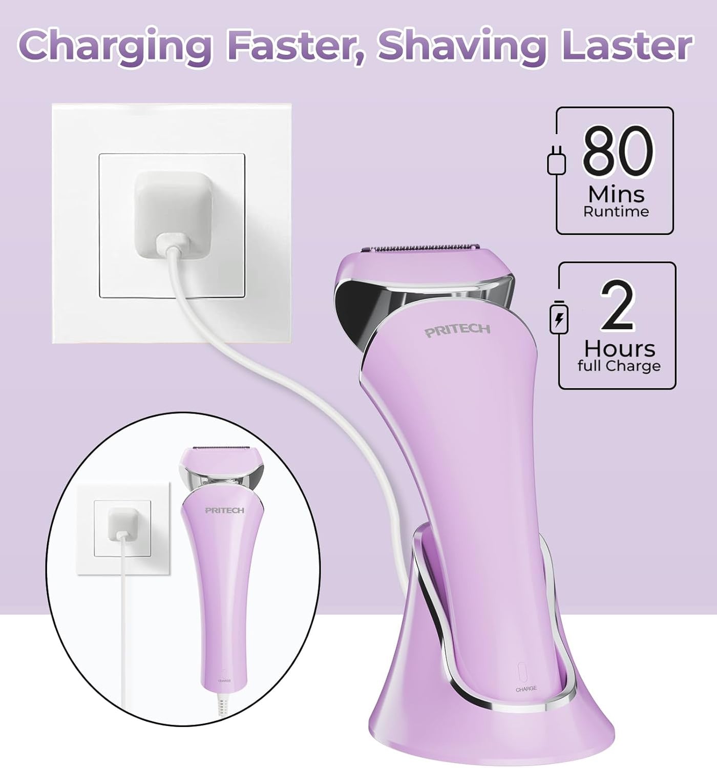 Electric Shaver for Women Lady Razor Bikini Trimmer Body Hair Removal for Legs and Armpits Painless Cordless Rechargeable Wet and Dry Purple and White