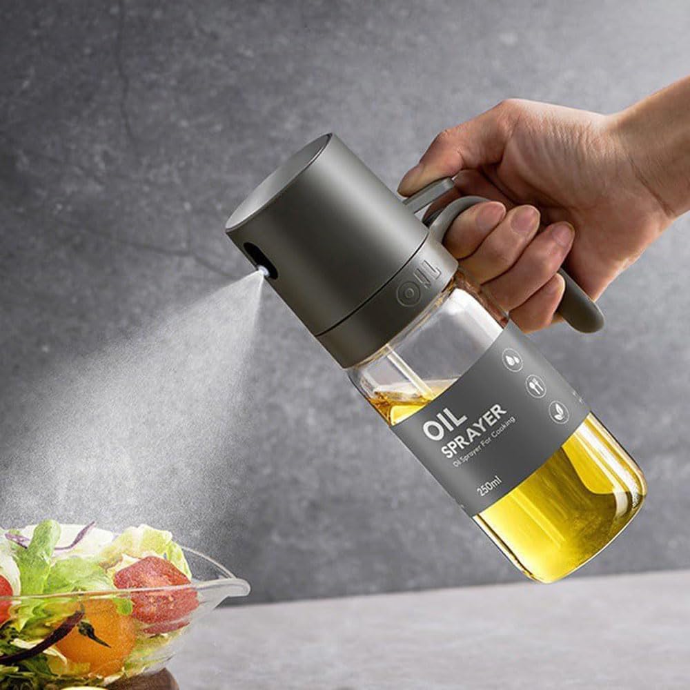 250ml Oil Sprayer Bottle for Cooking, Olive Oil Sprayer Mister, Glass Olive Oil Spray Bottle, Oil Sprayer for Air Fryer, Widely Used for Salad Making, Baking, Frying, BBQ (Dark Gray）