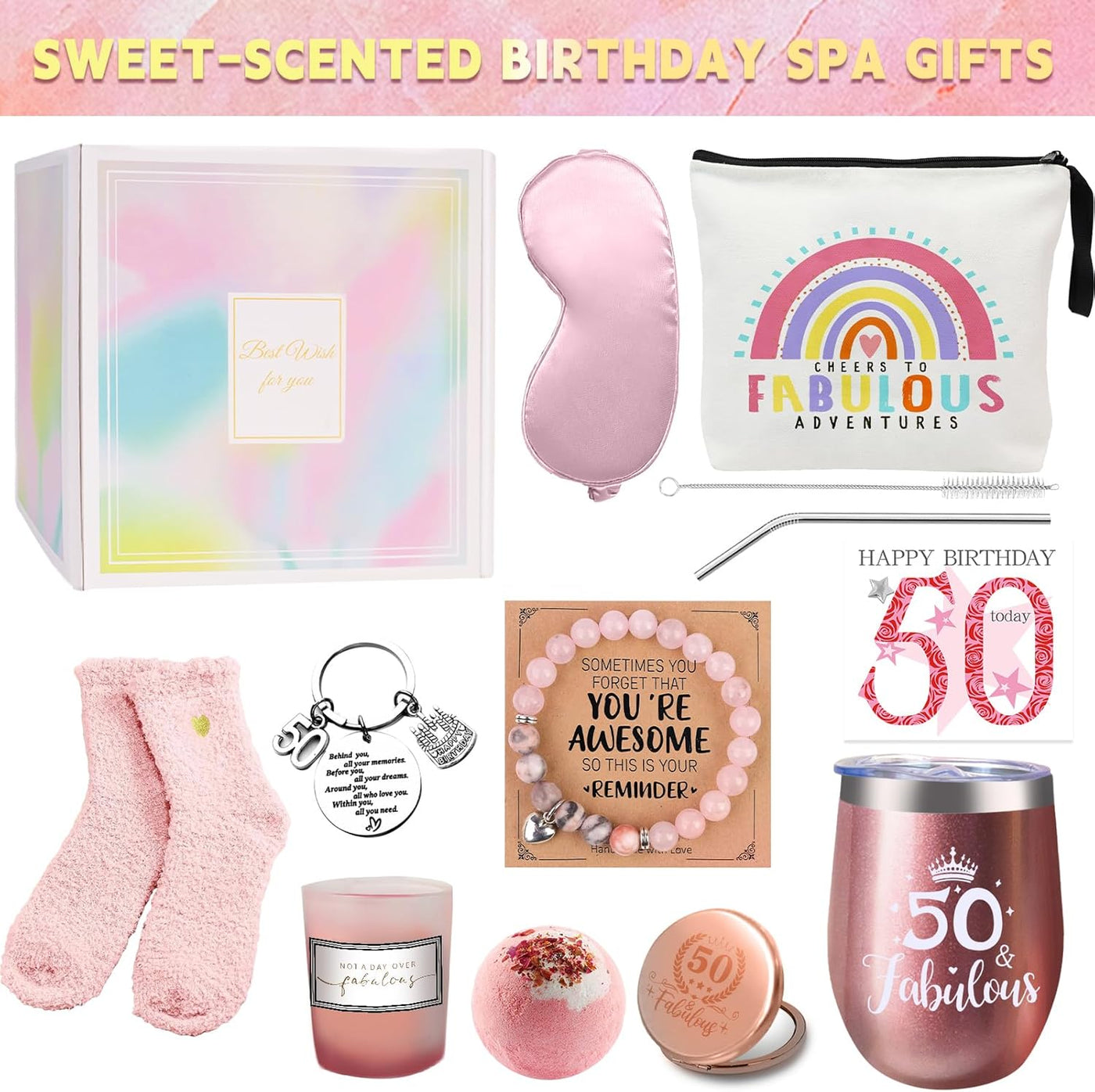 50th Birthday Gifts for Women, Her 50 Years Old Gift Ideas Happy Hamper Pamper Set Present Basket, Friends Sisters Wife Bestie Girlfriend Mum Born in 1975