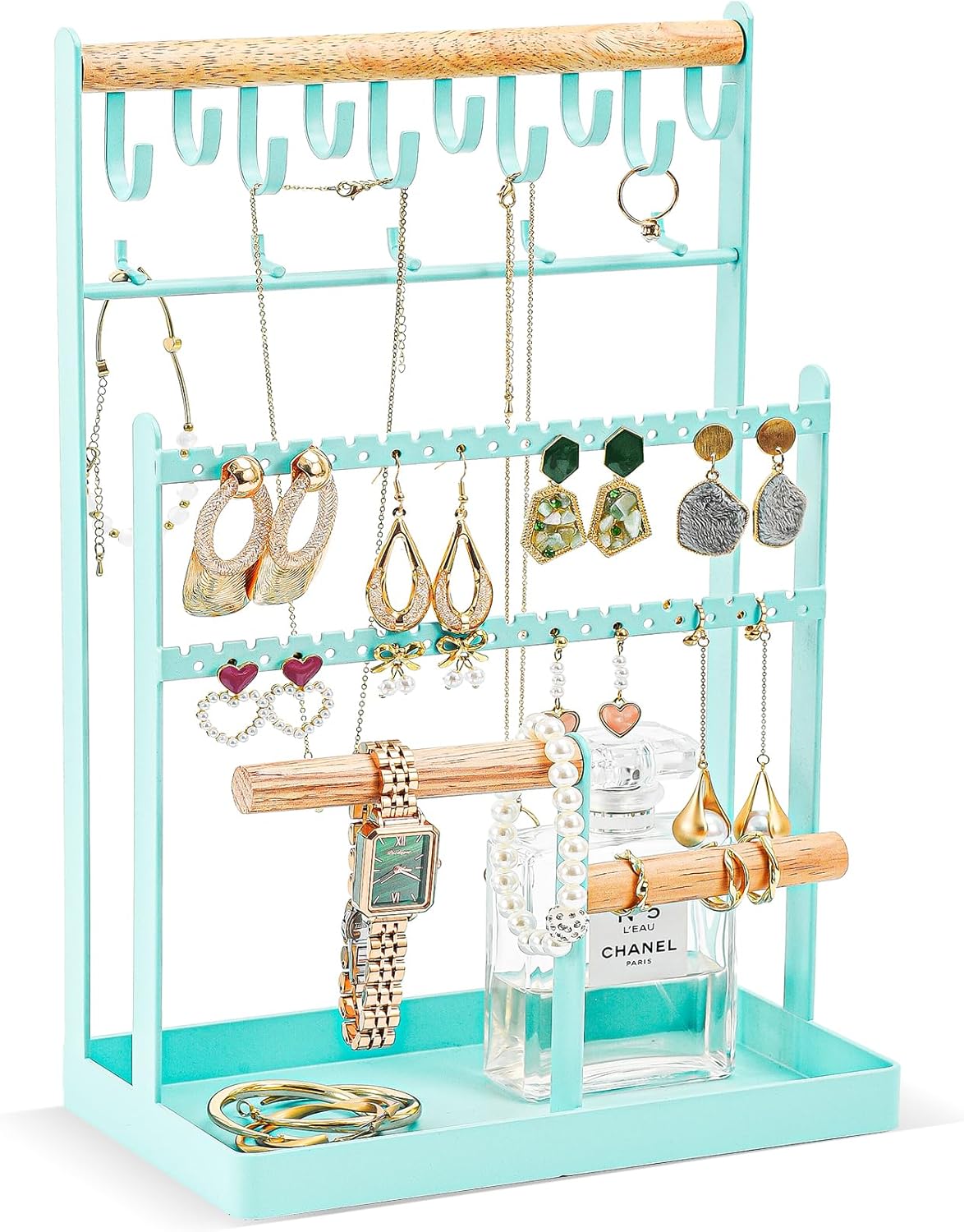 Jewelry Organizer Stand Necklace Organizer Earring Holder, 6 Tier Jewelry Stand Necklace Holder with 15 Hooks, Jewelry Tower Display Rack Storage Tree for Bracelets Earrings Rings -Black