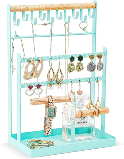 Jewelry Organizer Stand Necklace Organizer Earring Holder, 6 Tier Jewelry Stand Necklace Holder with 15 Hooks, Jewelry Tower Display Rack Storage Tree for Bracelets Earrings Rings -Black