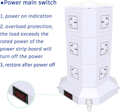 Powerjc Tower Power Strip USB Surge Protector Socket 12 AC Outlets with 5 USB or 1 USB C PD 25W totals 6A Ports Chargers 2M Long Extension Cord SAA Certified Black (White)