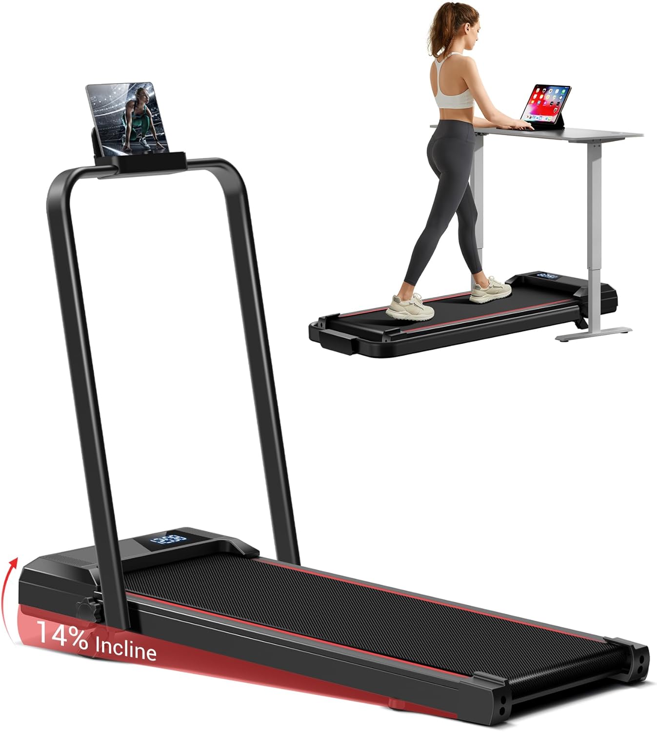 14% Incline Walking Pad Treadmills for Home and Office, 3-in-1 Portable Under Desk Treadmill, Folding Treadmill with 2.5 HP Quiet Brushless, 300 LBS Capacity