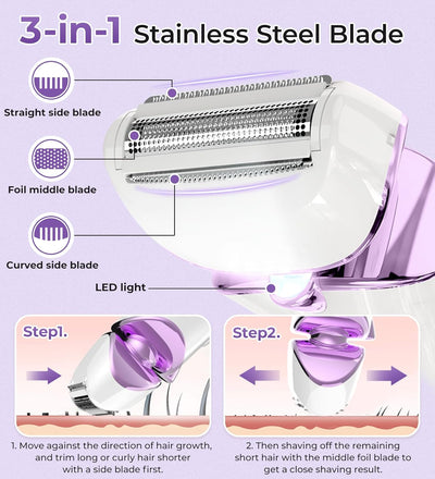 Electric Shaver for Women Lady Razor Bikini Trimmer Body Hair Removal for Legs and Armpits Painless Cordless Rechargeable Wet and Dry Purple and White