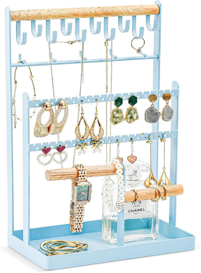 Jewelry Organizer Stand Necklace Organizer Earring Holder, 6 Tier Jewelry Stand Necklace Holder with 15 Hooks, Jewelry Tower Display Rack Storage Tree for Bracelets Earrings Rings -Black