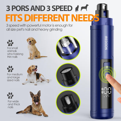 Dog Nail Grinder Upgraded - Professional 3-Speed Super Quiet and Low Vibration Electric Pet Nail Grinder with 4 LED Lights - Painless Paws Grooming & Smoothing for Small to Large Dogs (Black)
