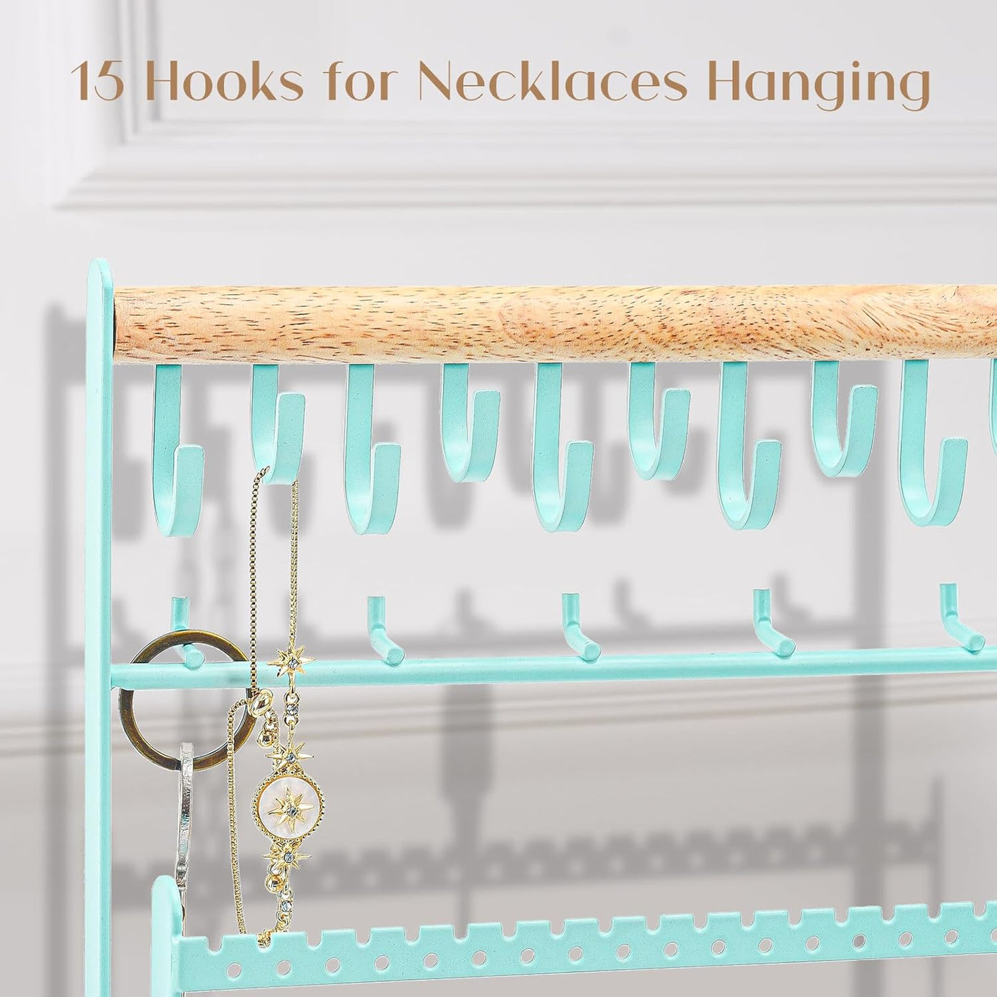 Jewelry Organizer Stand Necklace Organizer Earring Holder, 6 Tier Jewelry Stand Necklace Holder with 15 Hooks, Jewelry Tower Display Rack Storage Tree for Bracelets Earrings Rings -Black