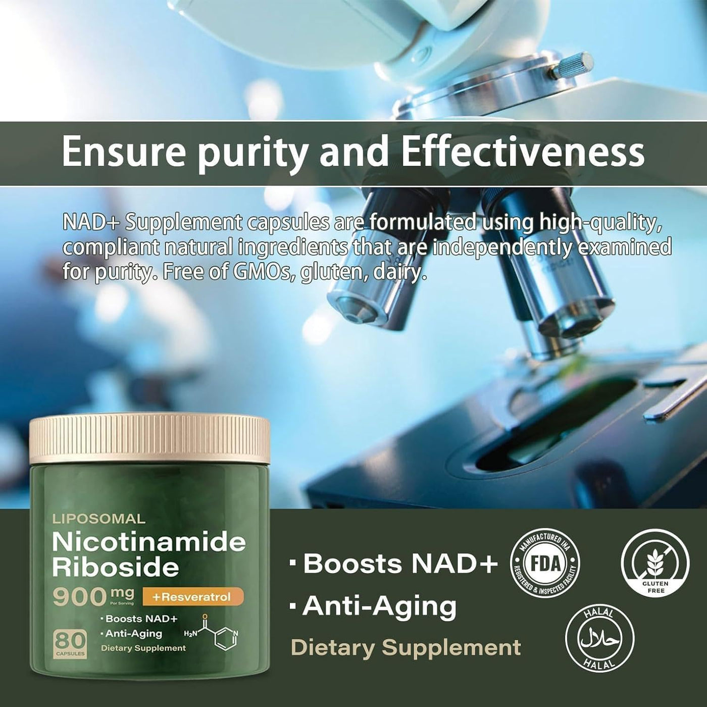 NAD + Supplement - Liposomal Nicotinamide Riboside Capsules 900mg with Resveratrol & Quercetin, Anti-Aging, Focus, Energy - 80 Capsules (1 Bottle)