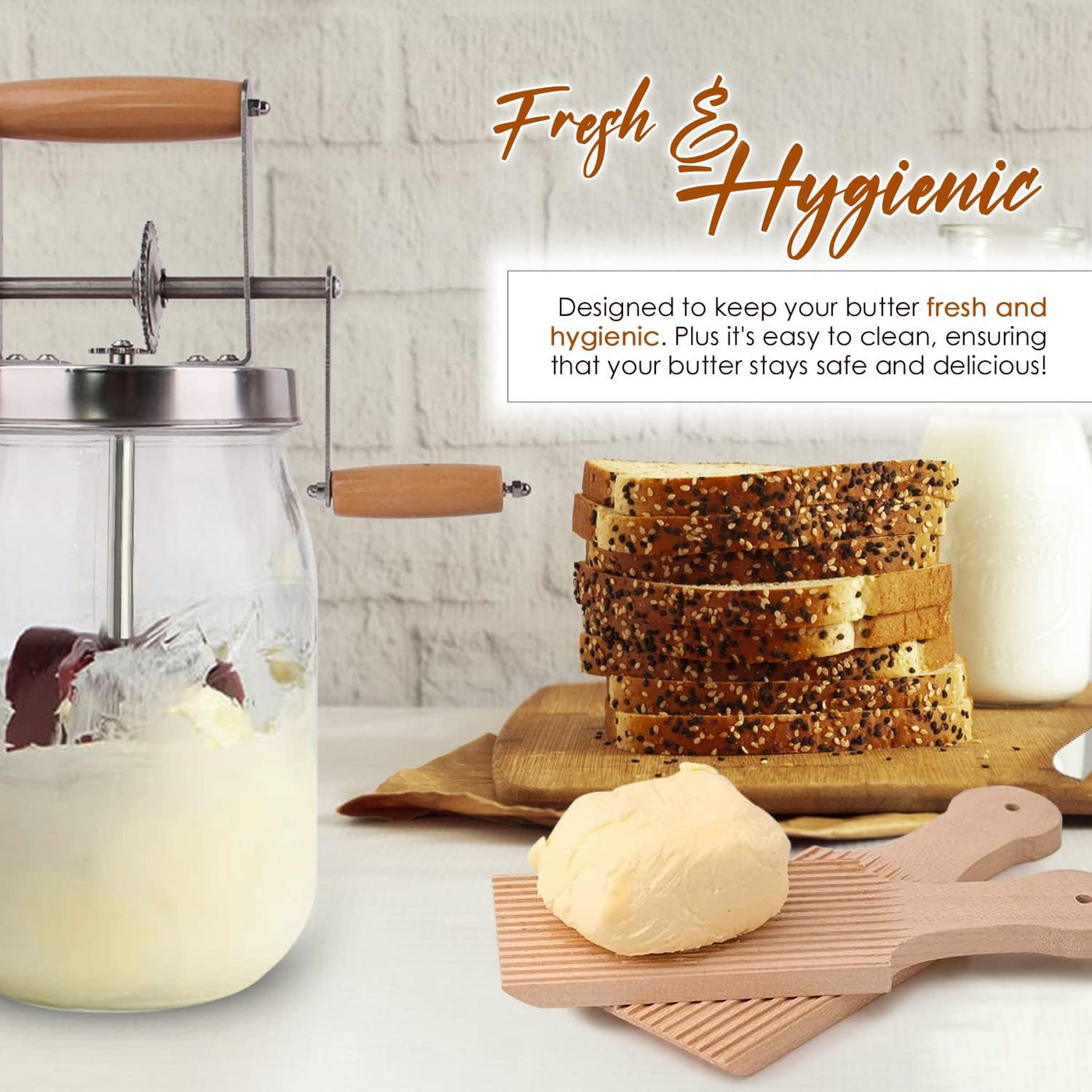 Homemade Butter Churner Jar with Paddle 1.5L - Make Delicious Fresh Butter in Minutes -Perfect for Home Cooking and Baking - Food Grade Glass Jar with Wooden Handles-Easy to Use
