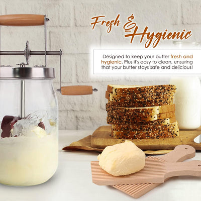 Homemade Butter Churner Jar with Paddle 1.5L - Make Delicious Fresh Butter in Minutes -Perfect for Home Cooking and Baking - Food Grade Glass Jar with Wooden Handles-Easy to Use