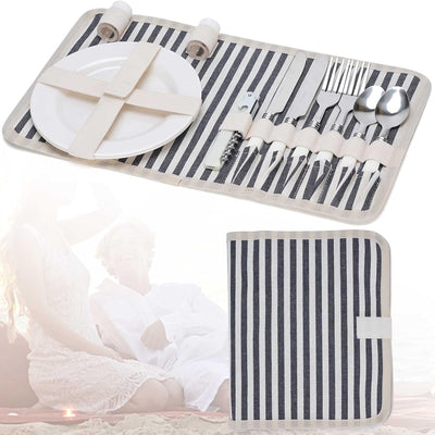 WILLOW WEAVE Portable Picnic Basket Bag for 2 with Two Sets of Plates, Silverware, and Plastic Wine Glasses, Roomy Insulated Beach Tote Bag for Thanks Giving Chritmas - Stripe