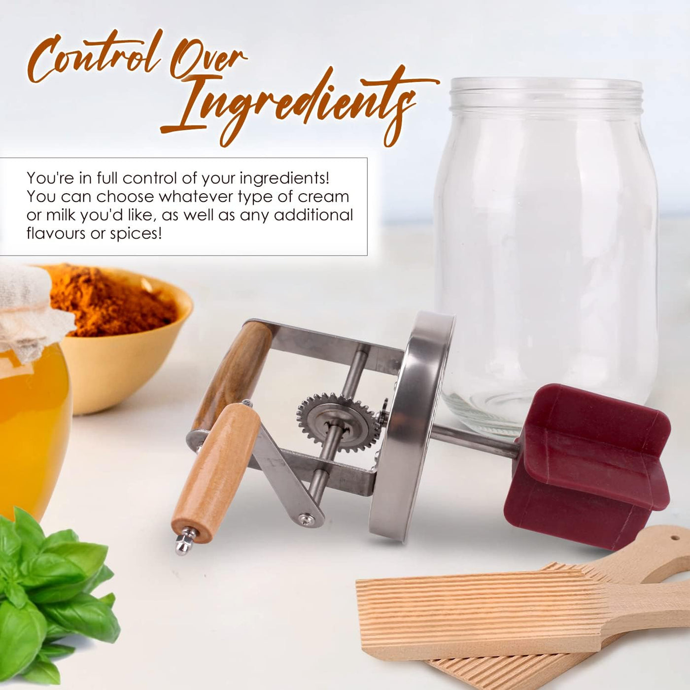 Homemade Butter Churner Jar with Paddle 1.5L - Make Delicious Fresh Butter in Minutes -Perfect for Home Cooking and Baking - Food Grade Glass Jar with Wooden Handles-Easy to Use