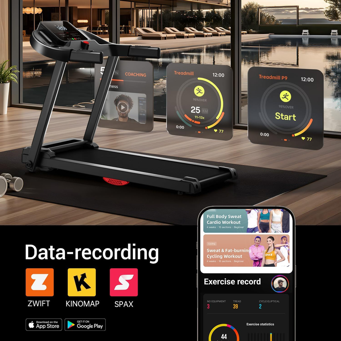 Folding Treadmill with Pulse Sensor, 2.5 HP Quiet Brushless Treadmills for Home, 12 KM/H, 120KG Capacity