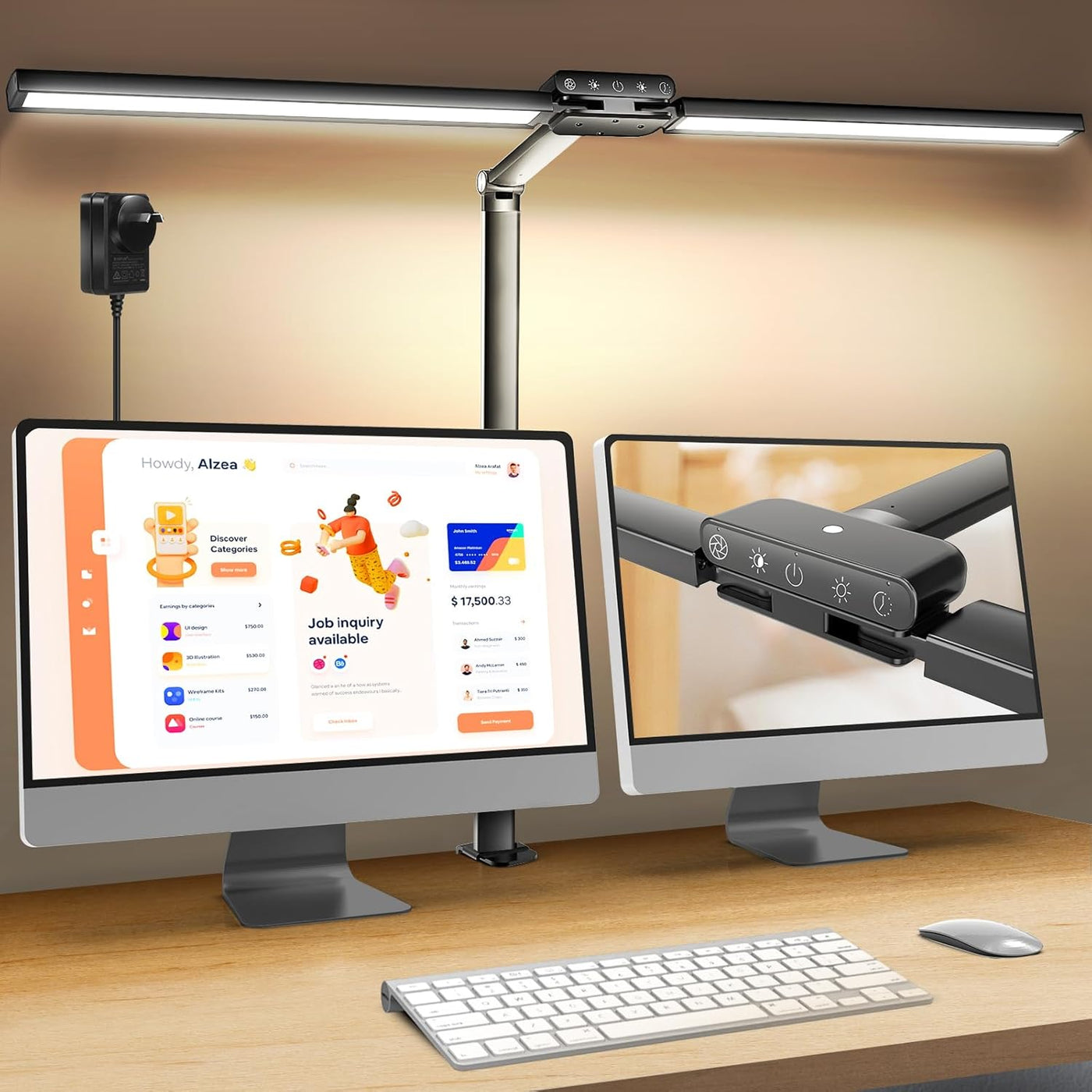 Rimposky Desk Lamp, LED Desk Light for Home Office, Eye Caring Computer Monitor Light 24W Double Head Clamp Architect Lamp, Dimmable Clip on Study Reading Light, Auto Dimming Sensor, 40 Mins Timer