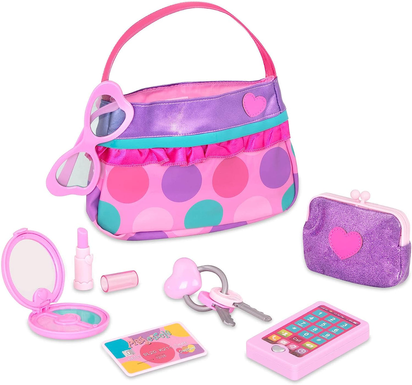 Princess Purse Style Set – Pretend Play Multicolor Handbag and Fashion Accessories – Toy Makeup, Keys, Lipstick, Credit Card, Phone, and More