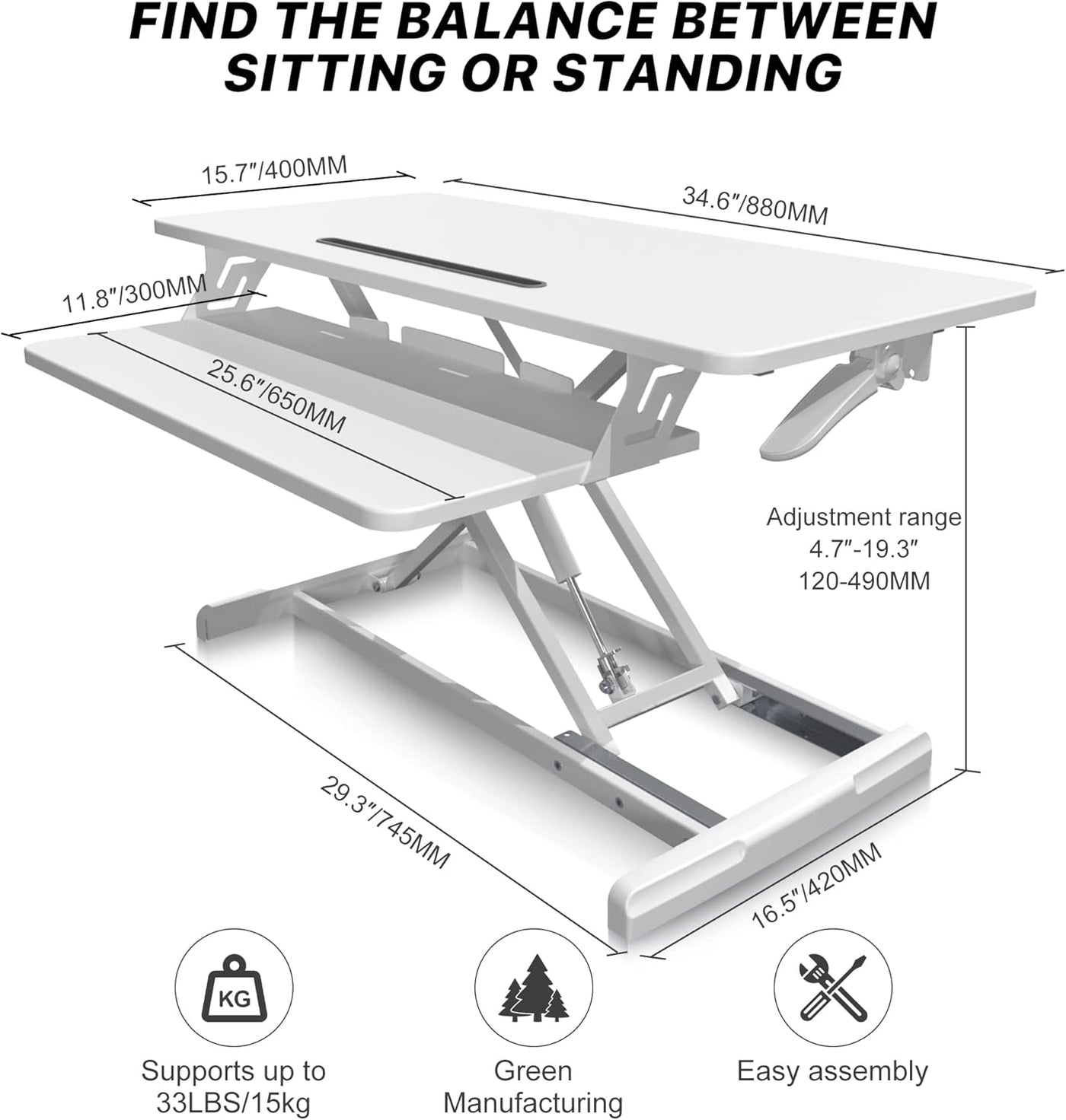 Altus Stand-Up Desk Converter 880mm Sit-to-Stand Tabletop Riser Workstation Black