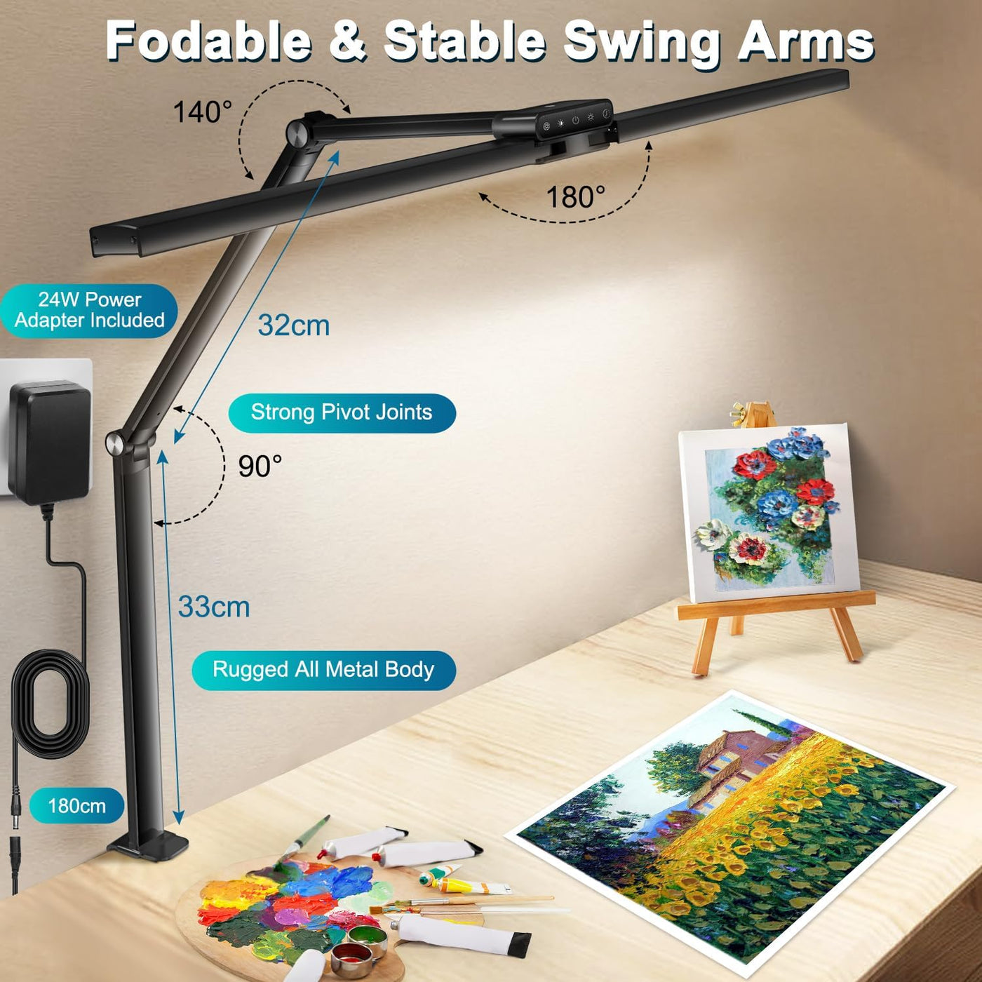 Rimposky Desk Lamp, LED Desk Light for Home Office, Eye Caring Computer Monitor Light 24W Double Head Clamp Architect Lamp, Dimmable Clip on Study Reading Light, Auto Dimming Sensor, 40 Mins Timer