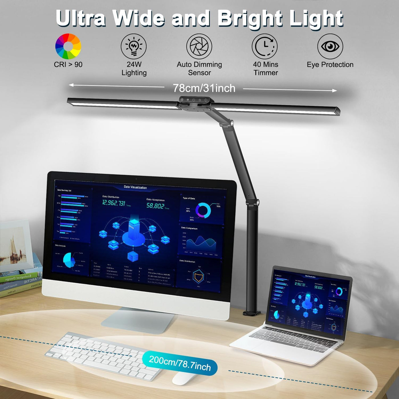 Rimposky Desk Lamp, LED Desk Light for Home Office, Eye Caring Computer Monitor Light 24W Double Head Clamp Architect Lamp, Dimmable Clip on Study Reading Light, Auto Dimming Sensor, 40 Mins Timer