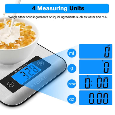 Digital Kitchen Scales, 304 Stainless Steel Food Scales, Professional Food Weighing Scales with Large LCD Display, Incredible Precision up to 1g (10kg Maximum Weight), Silver