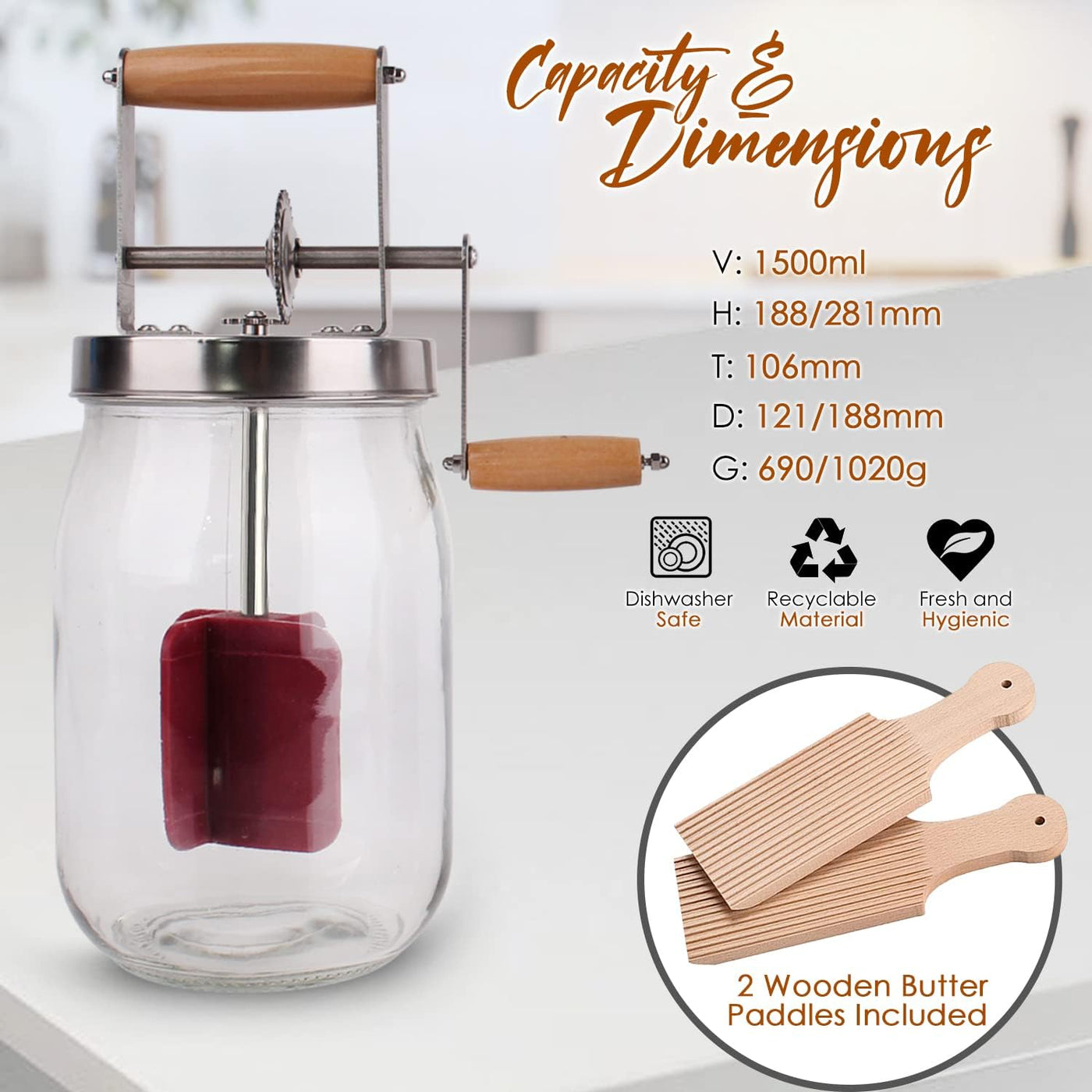 Homemade Butter Churner Jar with Paddle 1.5L - Make Delicious Fresh Butter in Minutes -Perfect for Home Cooking and Baking - Food Grade Glass Jar with Wooden Handles-Easy to Use