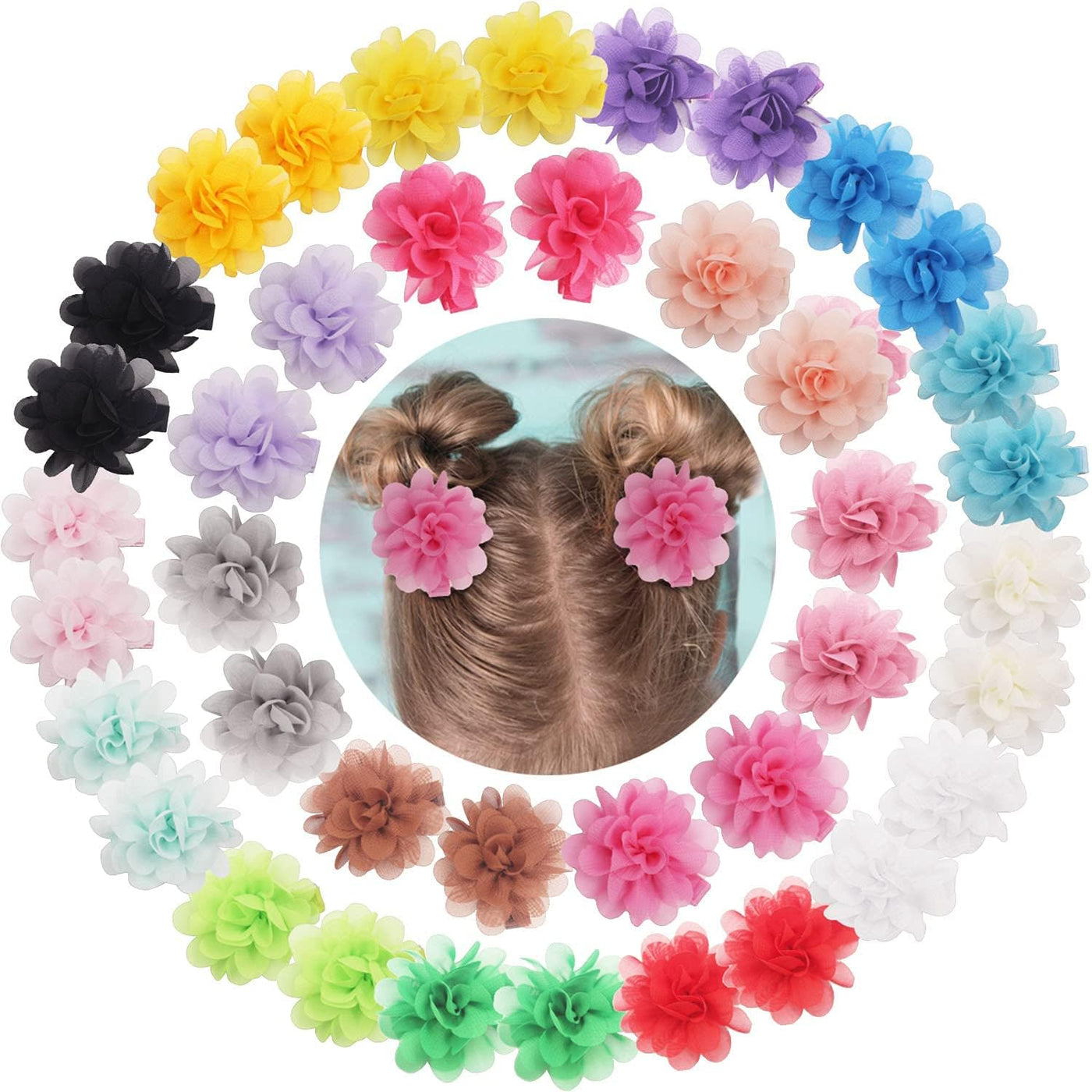 40PCS 2" Chiffon Flower Hair Bows Fully Lined Flower Tiny Hair Clips Fine Hair Girls for Infants Toddlers Set of 20 Pairs