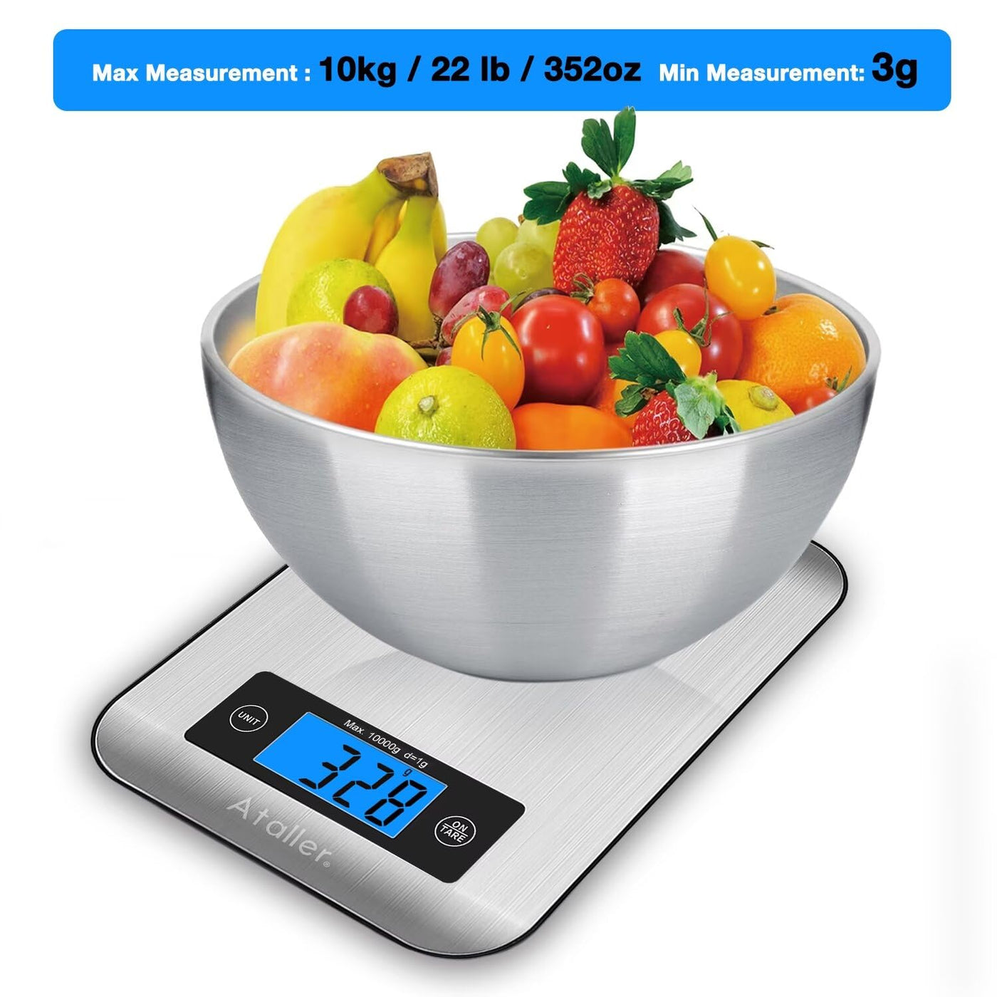 Digital Kitchen Scales, 304 Stainless Steel Food Scales, Professional Food Weighing Scales with Large LCD Display, Incredible Precision up to 1g (10kg Maximum Weight), Silver