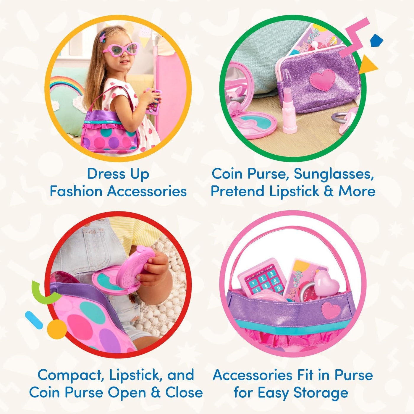 Princess Purse Style Set – Pretend Play Multicolor Handbag and Fashion Accessories – Toy Makeup, Keys, Lipstick, Credit Card, Phone, and More