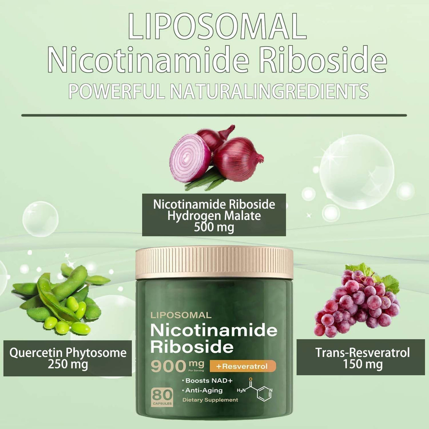 NAD + Supplement - Liposomal Nicotinamide Riboside Capsules 900mg with Resveratrol & Quercetin, Anti-Aging, Focus, Energy - 80 Capsules (1 Bottle)