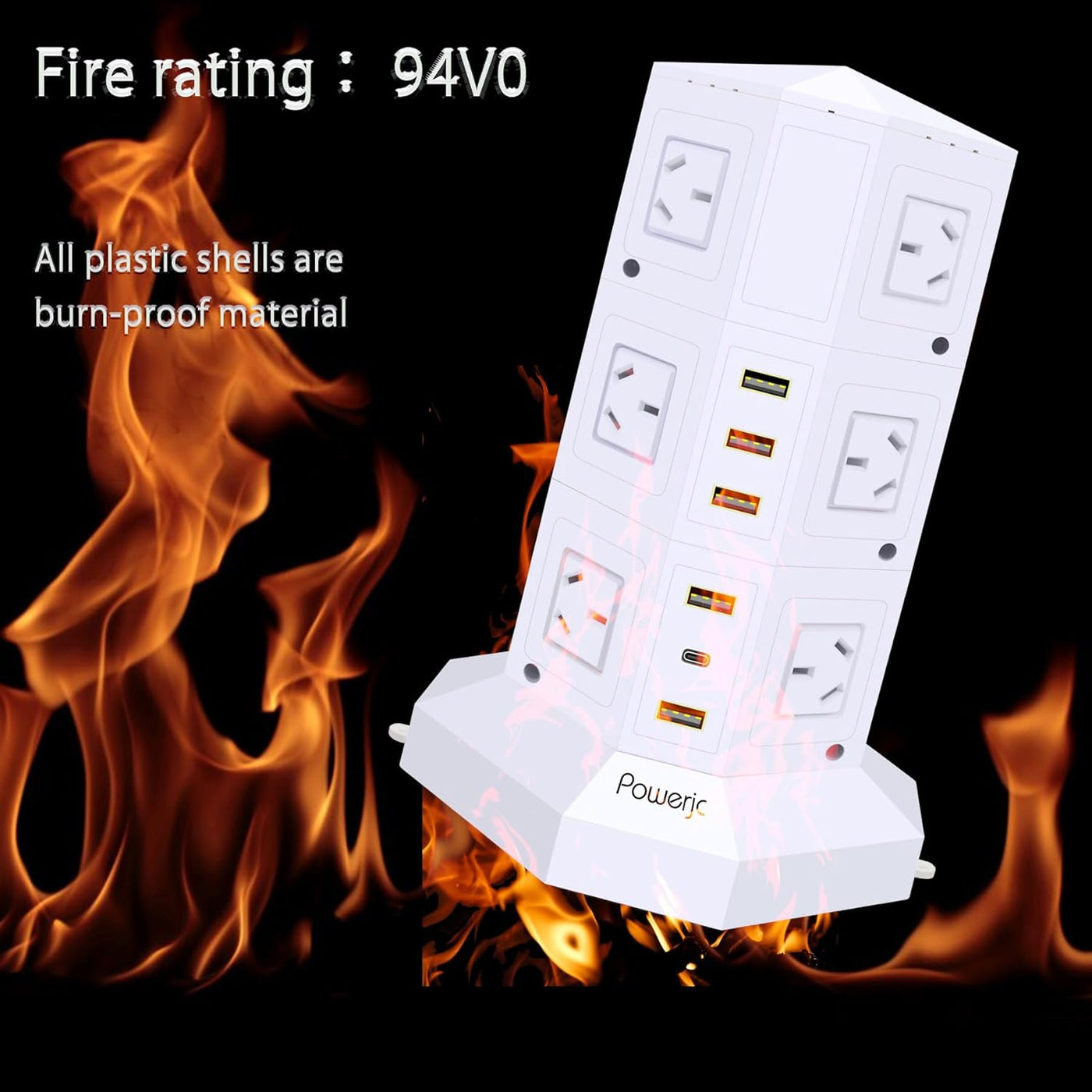 Powerjc Tower Power Strip USB Surge Protector Socket 12 AC Outlets with 5 USB or 1 USB C PD 25W totals 6A Ports Chargers 2M Long Extension Cord SAA Certified Black (White)