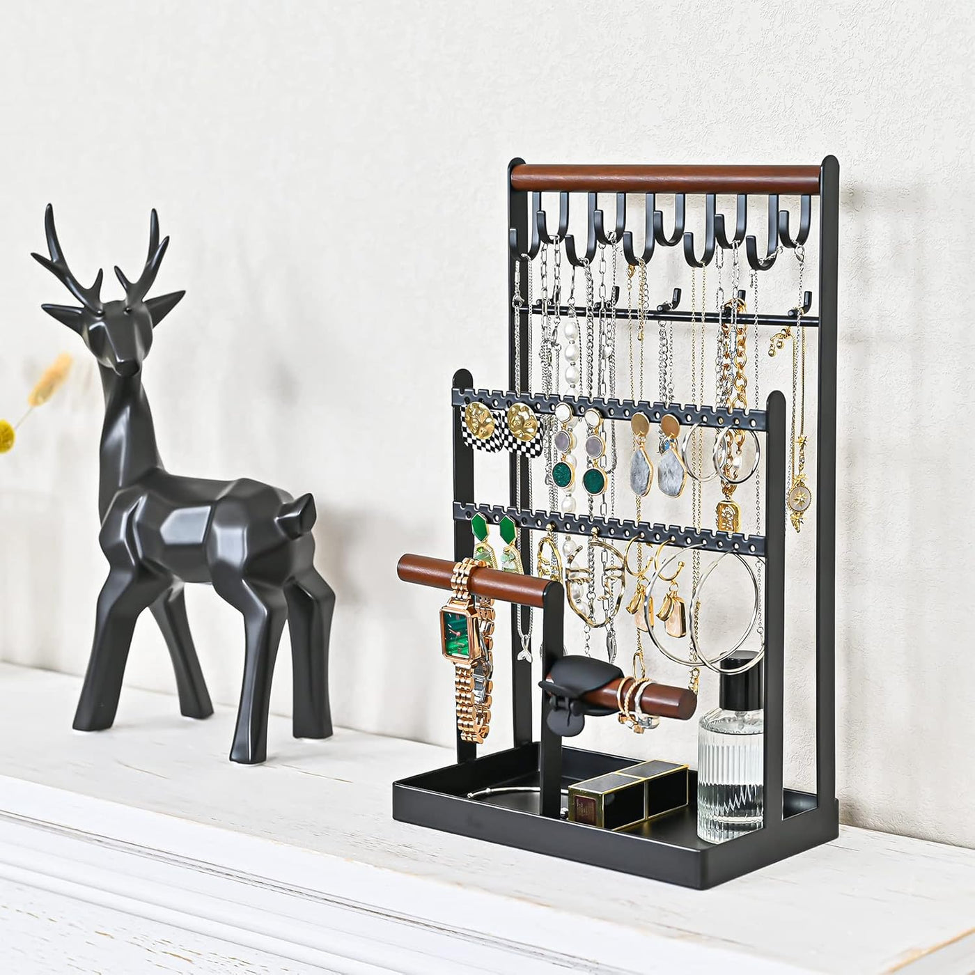 Jewelry Organizer Stand Necklace Organizer Earring Holder, 6 Tier Jewelry Stand Necklace Holder with 15 Hooks, Jewelry Tower Display Rack Storage Tree for Bracelets Earrings Rings -Black