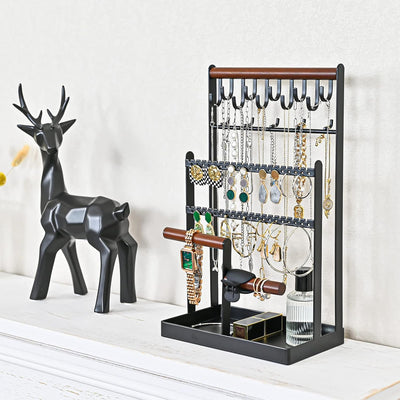 Jewelry Organizer Stand Necklace Organizer Earring Holder, 6 Tier Jewelry Stand Necklace Holder with 15 Hooks, Jewelry Tower Display Rack Storage Tree for Bracelets Earrings Rings -Black