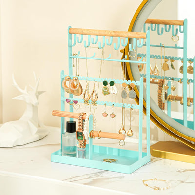 Jewelry Organizer Stand Necklace Organizer Earring Holder, 6 Tier Jewelry Stand Necklace Holder with 15 Hooks, Jewelry Tower Display Rack Storage Tree for Bracelets Earrings Rings -Black