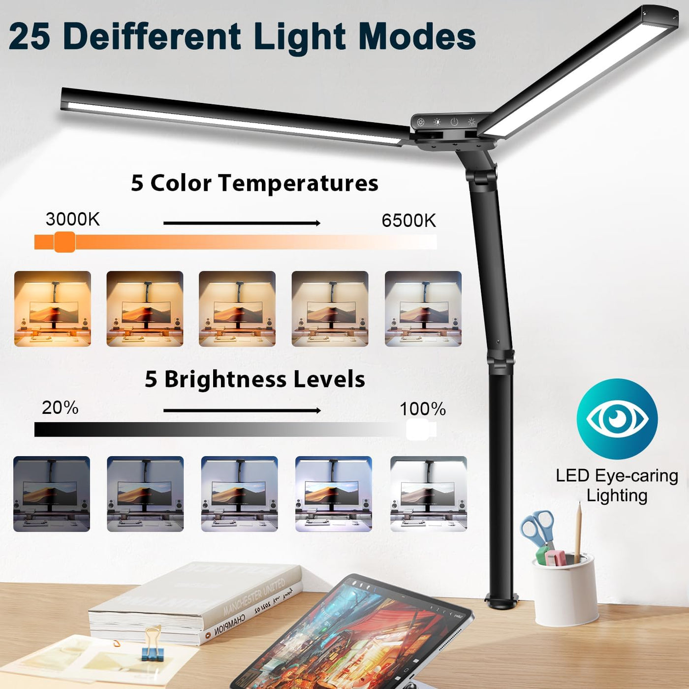 Rimposky Desk Lamp, LED Desk Light for Home Office, Eye Caring Computer Monitor Light 24W Double Head Clamp Architect Lamp, Dimmable Clip on Study Reading Light, Auto Dimming Sensor, 40 Mins Timer