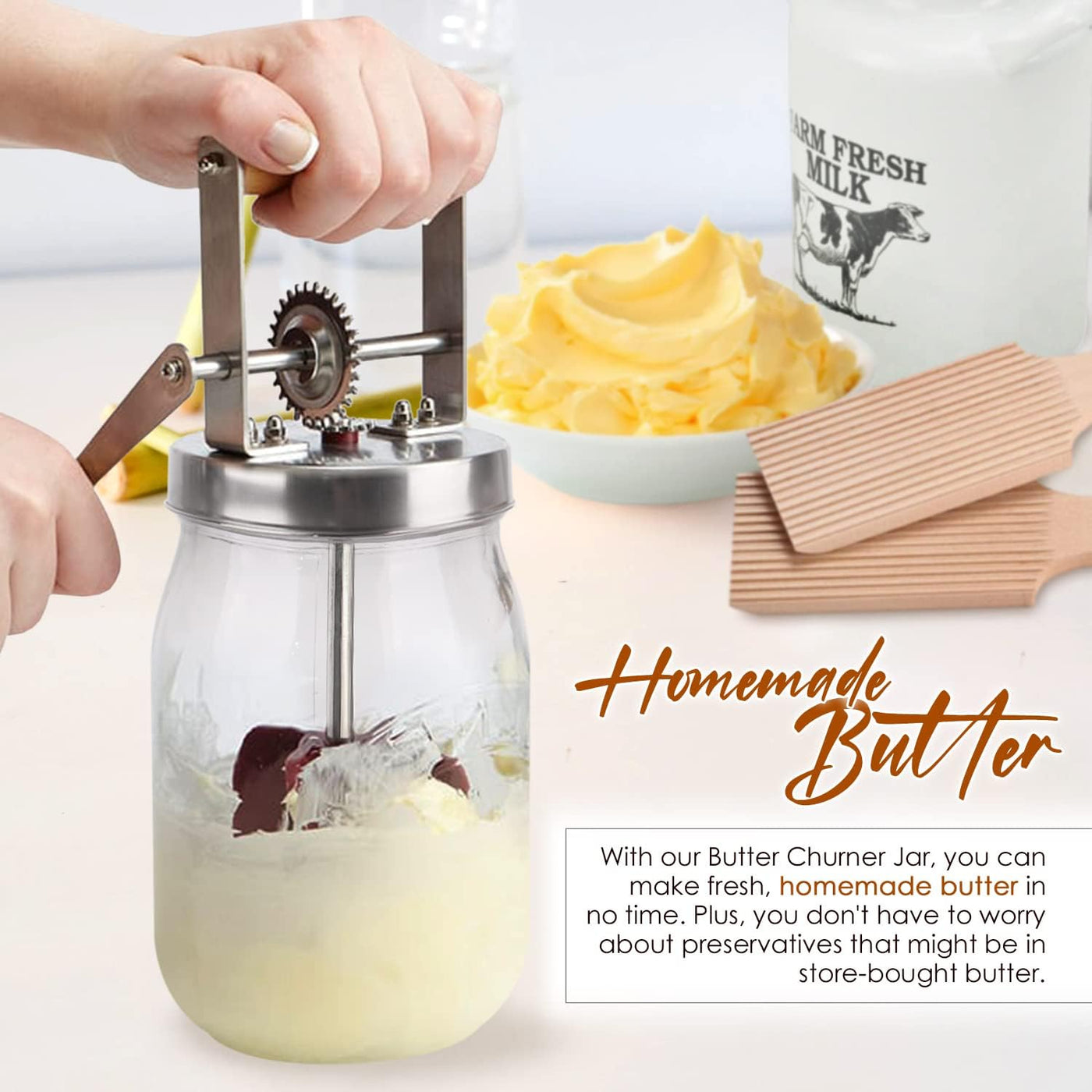 Homemade Butter Churner Jar with Paddle 1.5L - Make Delicious Fresh Butter in Minutes -Perfect for Home Cooking and Baking - Food Grade Glass Jar with Wooden Handles-Easy to Use