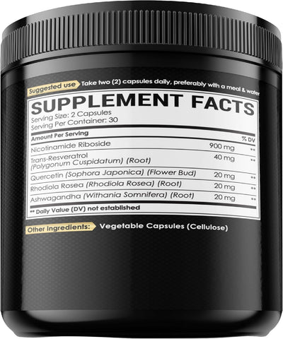 NAD+ Supplement with Nicotinamide Riboside 900mg, Resveratrol, Quercetin, Turmeric, Rhodiola Rosea - 60 Count